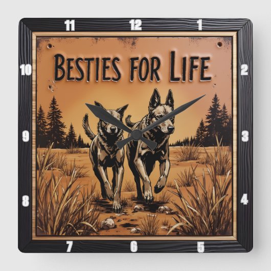 Engraved Dog Pair Outback Field スクエア壁時計 (正面)