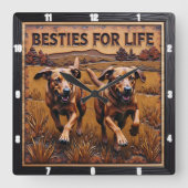 Engraved Dog Pair Running Field スクエア壁時計 (正面)