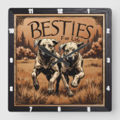 Engraved Dog Pair Sepia Forest スクエア壁時計 (正面)