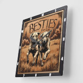 Engraved Dog Pair Sepia Forest スクエア壁時計 (傾斜)