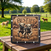 Engraved Dog Pair Sepia Forest スクエア壁時計