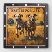 Engraved Dog Pair Sunset Field スクエア壁時計 (正面)