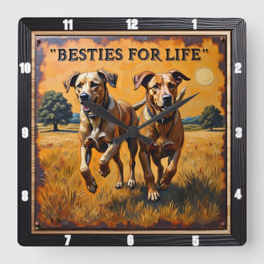 Engraved Dog Pair Sunset Field スクエア壁時計 (正面)