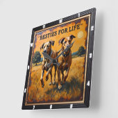 Engraved Dog Pair Sunset Field スクエア壁時計 (傾斜)