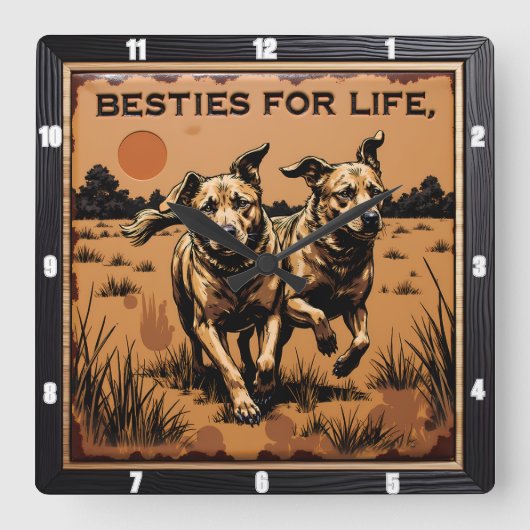 Engraved Dog Pair Tan Orange スクエア壁時計 (正面)