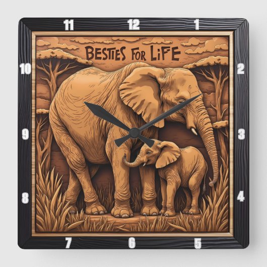 Engraved Elephant Mother Baby スクエア壁時計 (正面)
