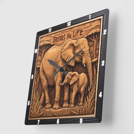 Engraved Elephant Mother Baby スクエア壁時計 (傾斜)