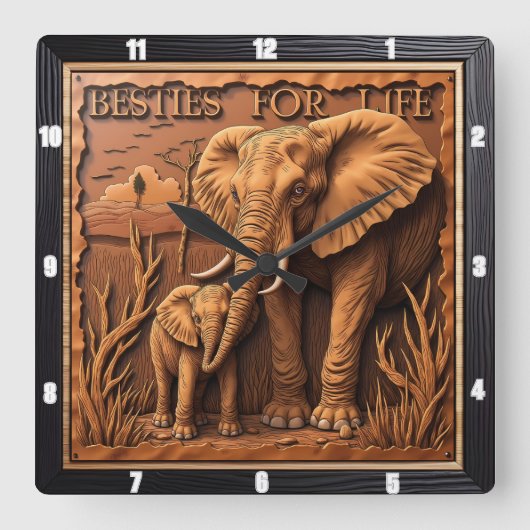 Engraved Elephant Mother Baby At Dust スクエア壁時計 (正面)