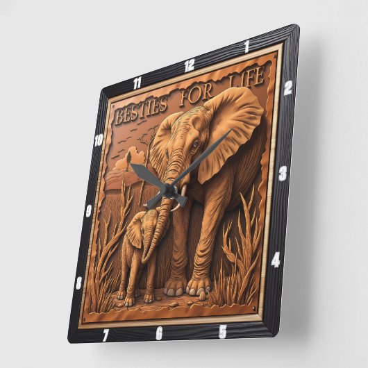 Engraved Elephant Mother Baby At Dust スクエア壁時計 (傾斜)