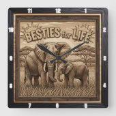 Engraved Elephant Mother Baby Savannah スクエア壁時計 (正面)