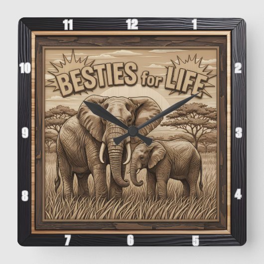 Engraved Elephant Mother Baby Savannah スクエア壁時計 (正面)
