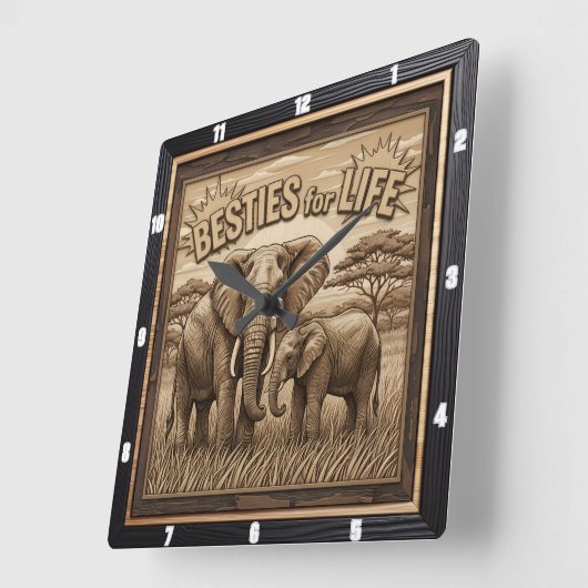 Engraved Elephant Mother Baby Savannah スクエア壁時計 (傾斜)