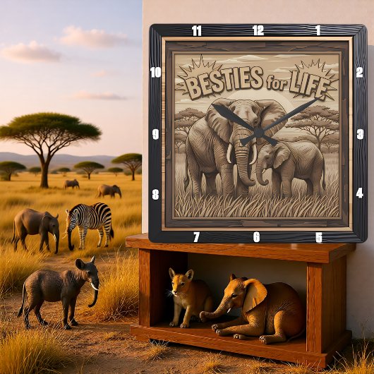 Engraved Elephant Mother Baby Savannah スクエア壁時計