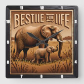 Engraved Elephant Mother Baby Tall Grass スクエア壁時計 (正面)