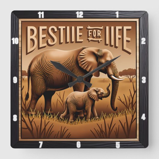 Engraved Elephant Mother Baby Tall Grass スクエア壁時計 (正面)