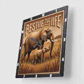 Engraved Elephant Mother Baby Tall Grass スクエア壁時計 (傾斜)