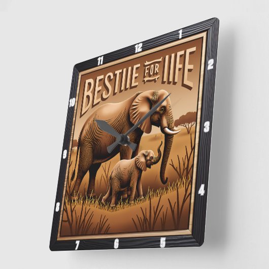 Engraved Elephant Mother Baby Tall Grass スクエア壁時計 (傾斜)