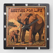 Engraved Elephant Sunset Savannah スクエア壁時計 (正面)