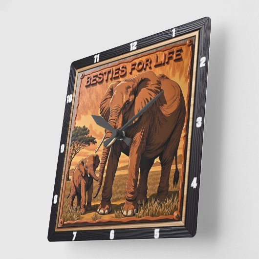 Engraved Elephant Sunset Savannah スクエア壁時計 (傾斜)
