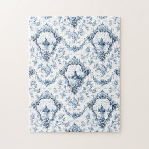 Engraved Floral Toile w/Windmill & Boats-Blue ジグソーパズル