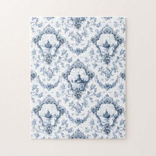 Engraved Floral Toile w/Windmill & Boats-Blue ジグソーパズル (縦)