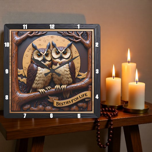 Engraved Owls Branch Banner Brown スクエア壁時計