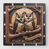 Engraved Owls Branch Banner Brown スクエア壁時計 (正面)