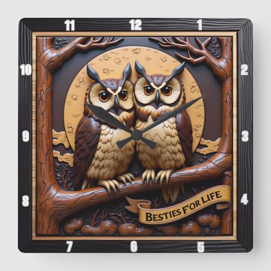 Engraved Owls Branch Banner Brown スクエア壁時計 (正面)
