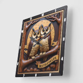 Engraved Owls Branch Banner Brown スクエア壁時計 (傾斜)