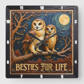 Engraved Owls Branch Full Moon スクエア壁時計 (正面)