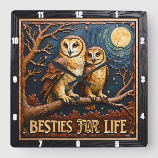 Engraved Owls Branch Full Moon スクエア壁時計 (正面)