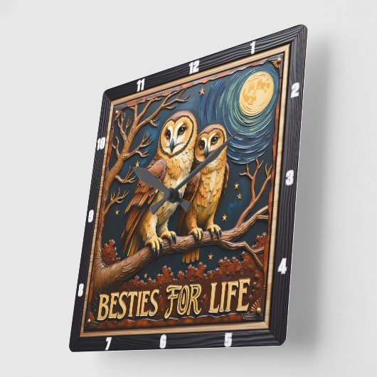 Engraved Owls Branch Full Moon スクエア壁時計 (傾斜)