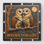 Engraved Owls Branch Moon Besties スクエア壁時計 (正面)