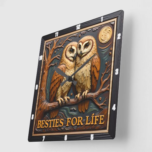 Engraved Owls Branch Moon Besties スクエア壁時計 (傾斜)