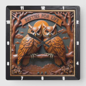 Engraved Owls Branch Orange Besties スクエア壁時計 (正面)