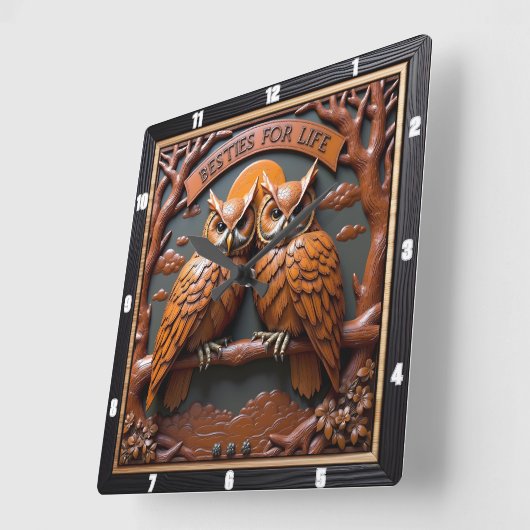 Engraved Owls Branch Orange Besties スクエア壁時計 (傾斜)