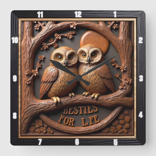 Engraved Owls Branch Round Frame スクエア壁時計 (正面)
