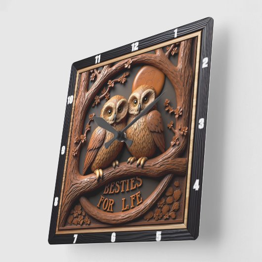 Engraved Owls Branch Round Frame スクエア壁時計 (傾斜)