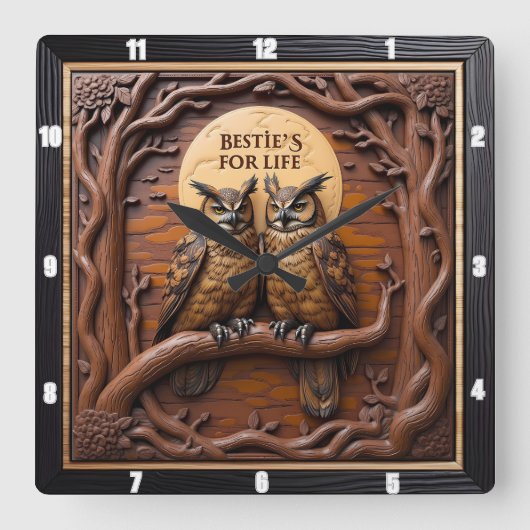 Engraved Owls Branch Rustic Brown スクエア壁時計 (正面)