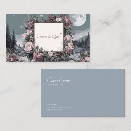Engraved Rose Floral and Full Moon Night Landscape 名刺 (正面/裏面)