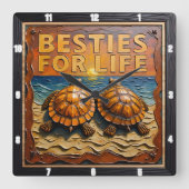 Engraved Turtle Pair Beach Sunset スクエア壁時計 (正面)