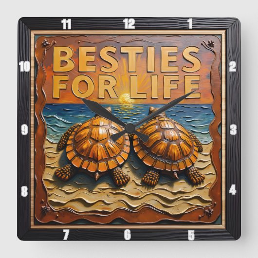 Engraved Turtle Pair Beach Sunset スクエア壁時計 (正面)