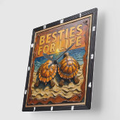 Engraved Turtle Pair Beach Sunset スクエア壁時計 (傾斜)