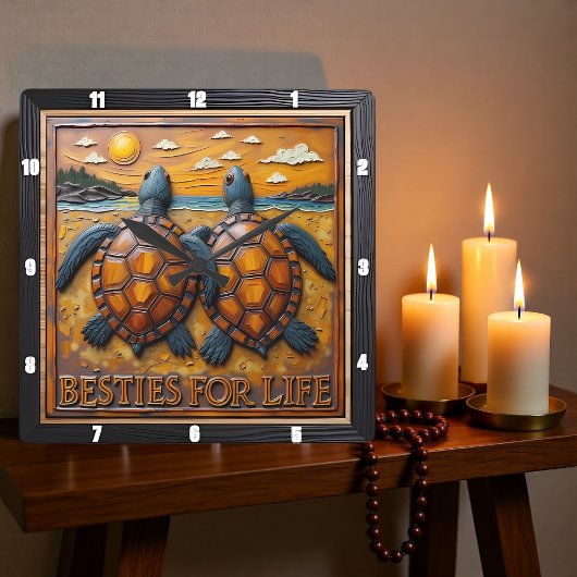 Engraved Turtle Pair Blue Shore スクエア壁時計