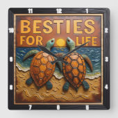 Engraved Turtle Pair Colorful Beach スクエア壁時計 (正面)