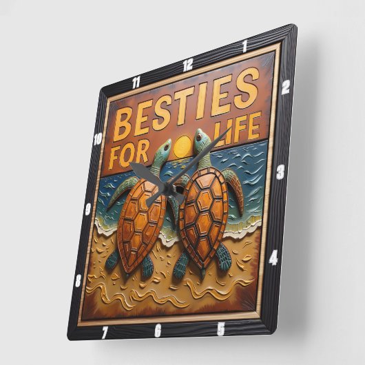 Engraved Turtle Pair Colorful Beach スクエア壁時計 (傾斜)
