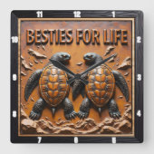 Engraved Turtle Pair Ocean Besties スクエア壁時計 (正面)