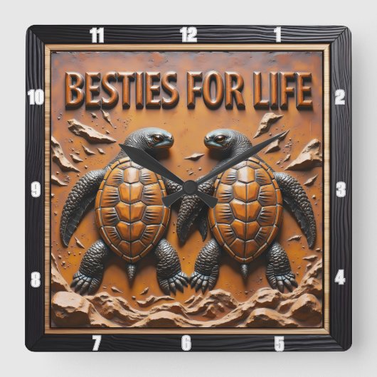 Engraved Turtle Pair Ocean Besties スクエア壁時計 (正面)