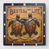 Engraved Turtle Pair Rough Water スクエア壁時計 (正面)