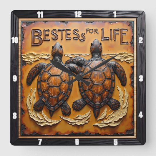 Engraved Turtle Pair Rough Water スクエア壁時計 (正面)
